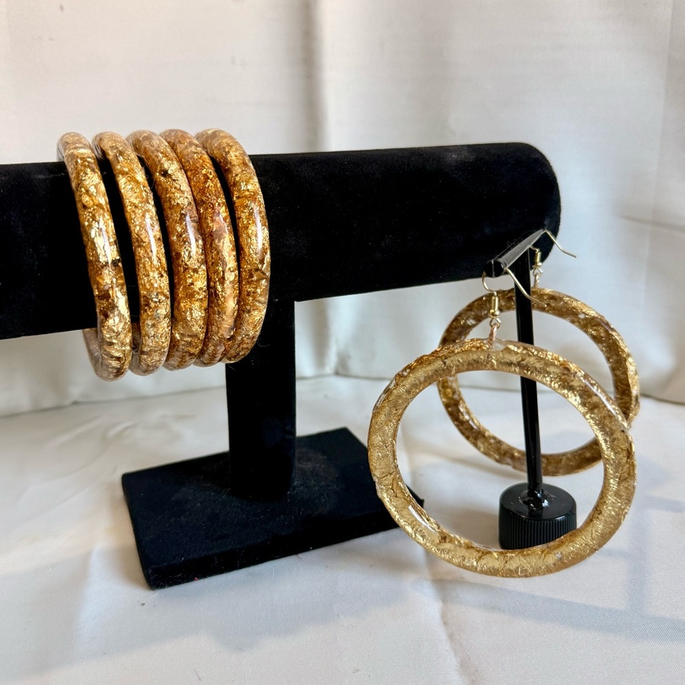 Handcrafted resin gold leaf bangles and hoop earrings